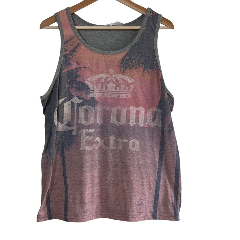 Corona Extra Beer Tank Top Men's L/XL Sunset Graphic‎ Tee Gray Beach Tropical